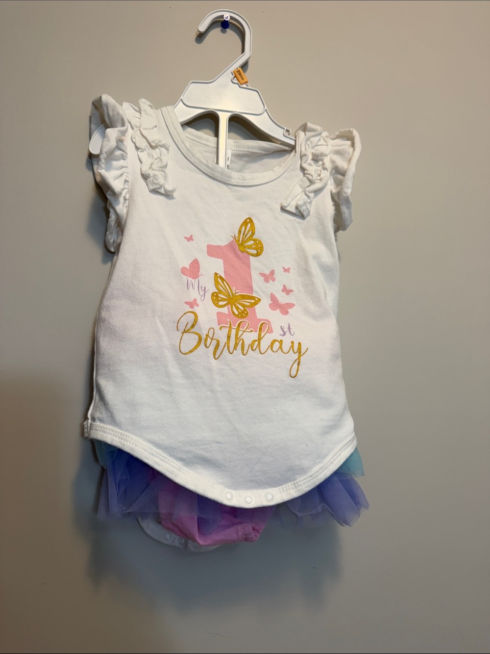 Amazon White 1st Birthday Ruffle Sleeve Tee with Pastel Tulle